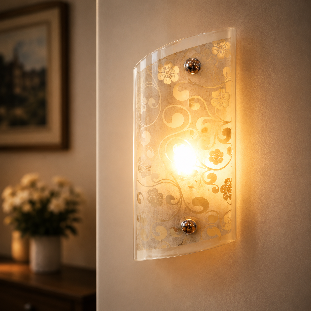 Decorative wall light fixture with floral patterns on a wall.