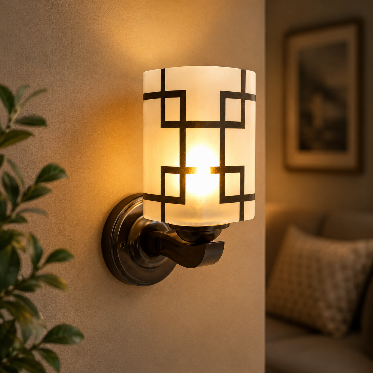 Decorative wall sconce with geometric design on a wall in a home setting.