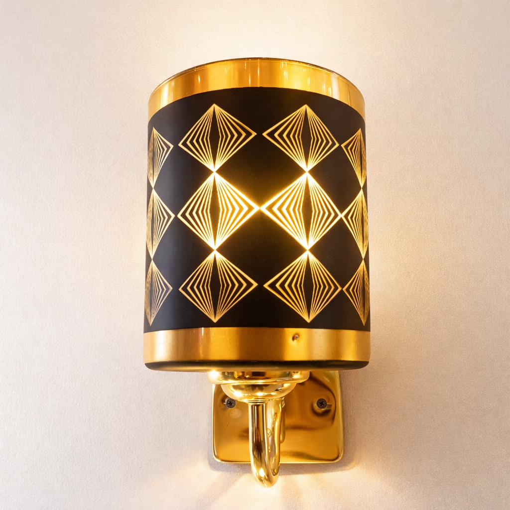 Decorative wall sconce with geometric pattern on a light background