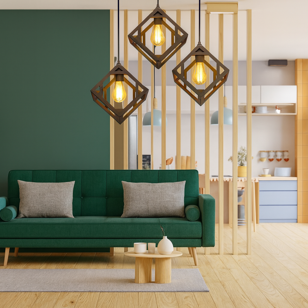Modern geometric pendant lights hanging above green sofa in living room
