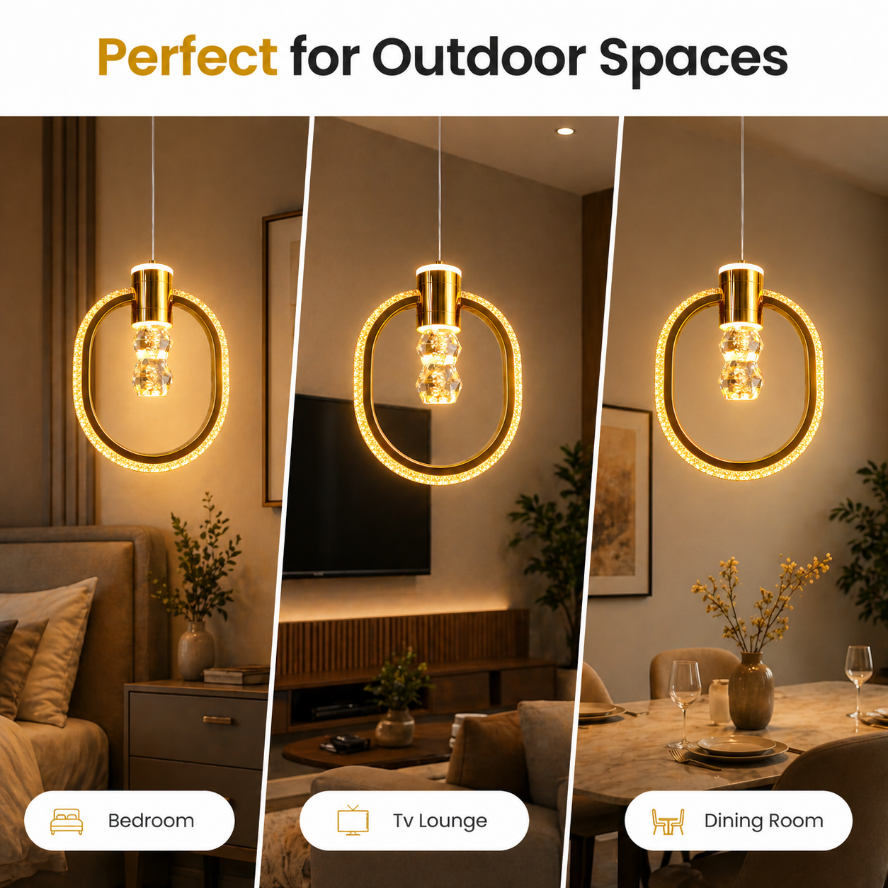 Modern pendant light fixture shown in a bedroom, TV lounge, and dining room setting with text 'Perfect for Outdoor Spaces'.