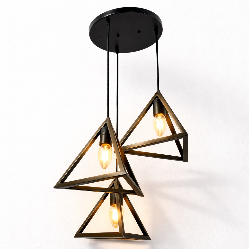 Geometric pendant light with metal frame and warm glow
