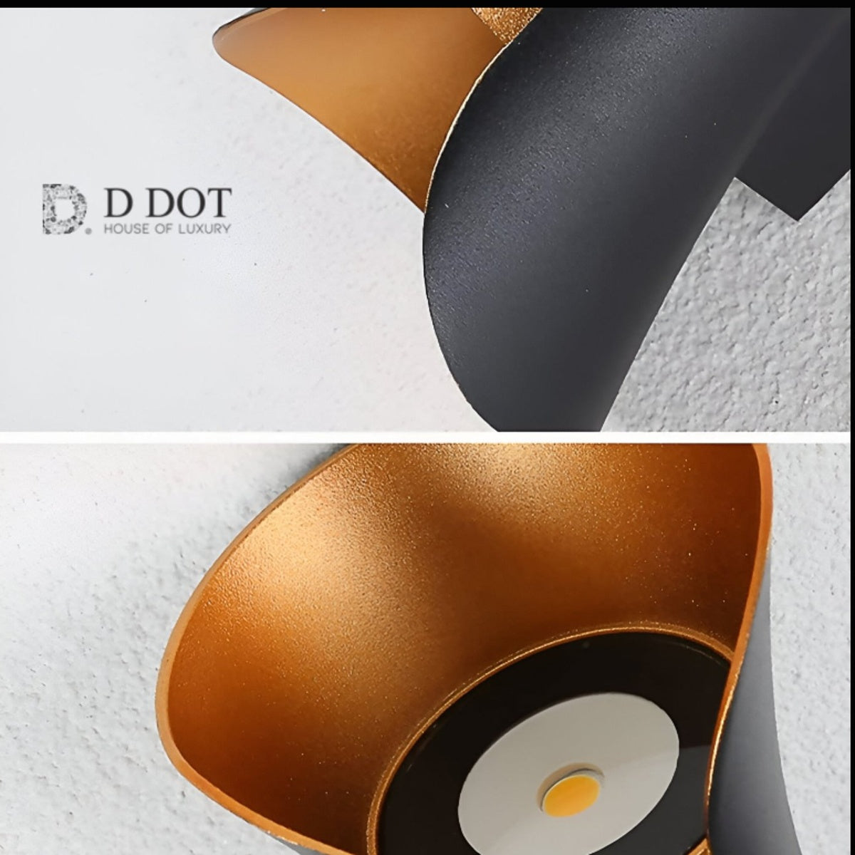 Close-up of a modern lamp with gold, black, and white design on a textured surface.