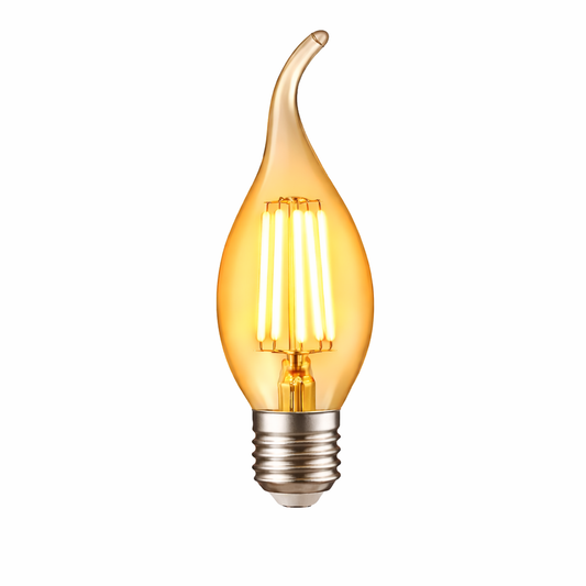 Decorative light bulb with a warm glow on a white background