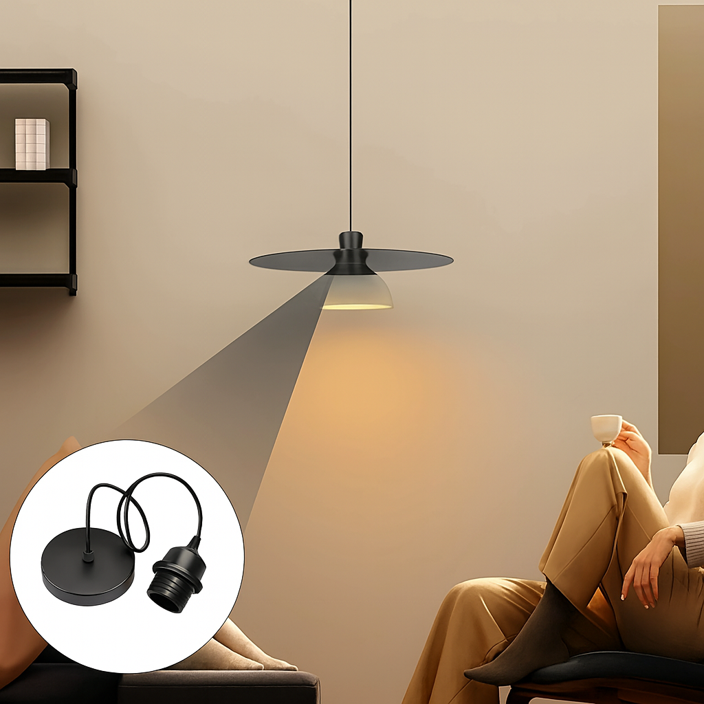 Modern interior with black pendant light fixture illuminating a cozy seating area, featuring a minimalist design and warm ambient lighting