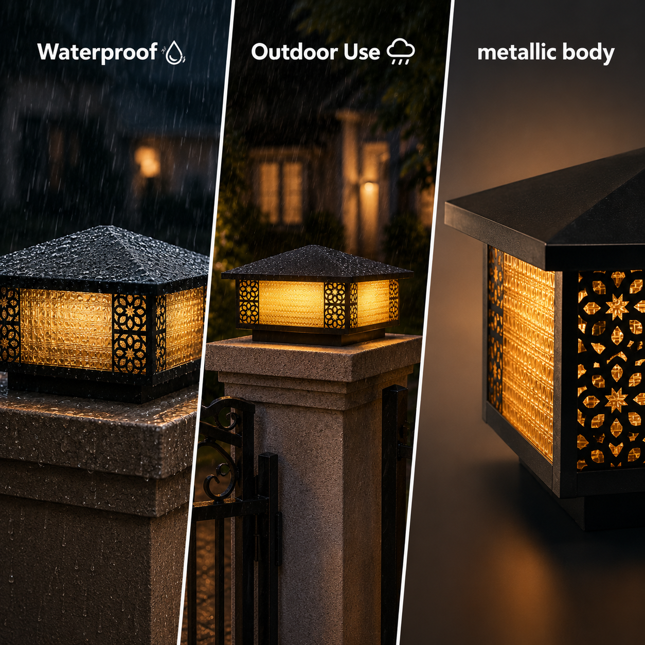 Outdoor light fixture with waterproof, outdoor use, and metallic body features.