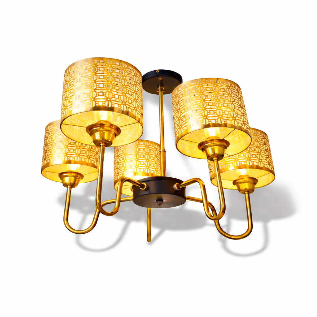 Gold LED chandelier with metal shades for modern living room