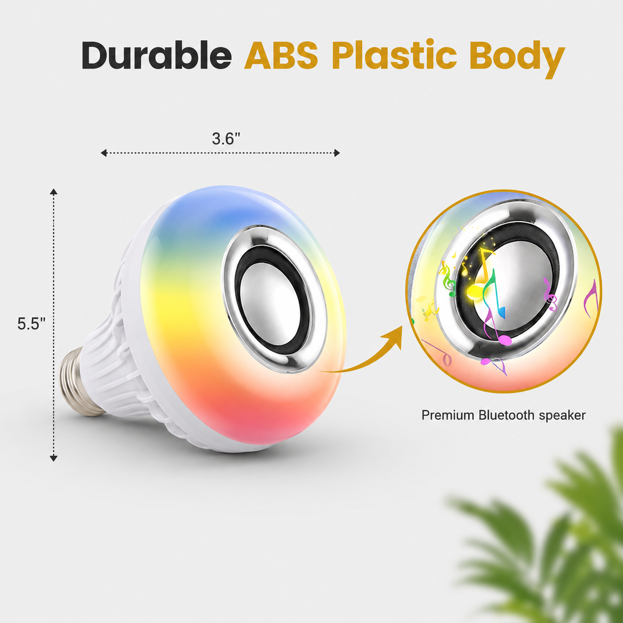 Colorful Bluetooth speaker shaped like a light bulb with dimensions and text about durable ABS plastic body.