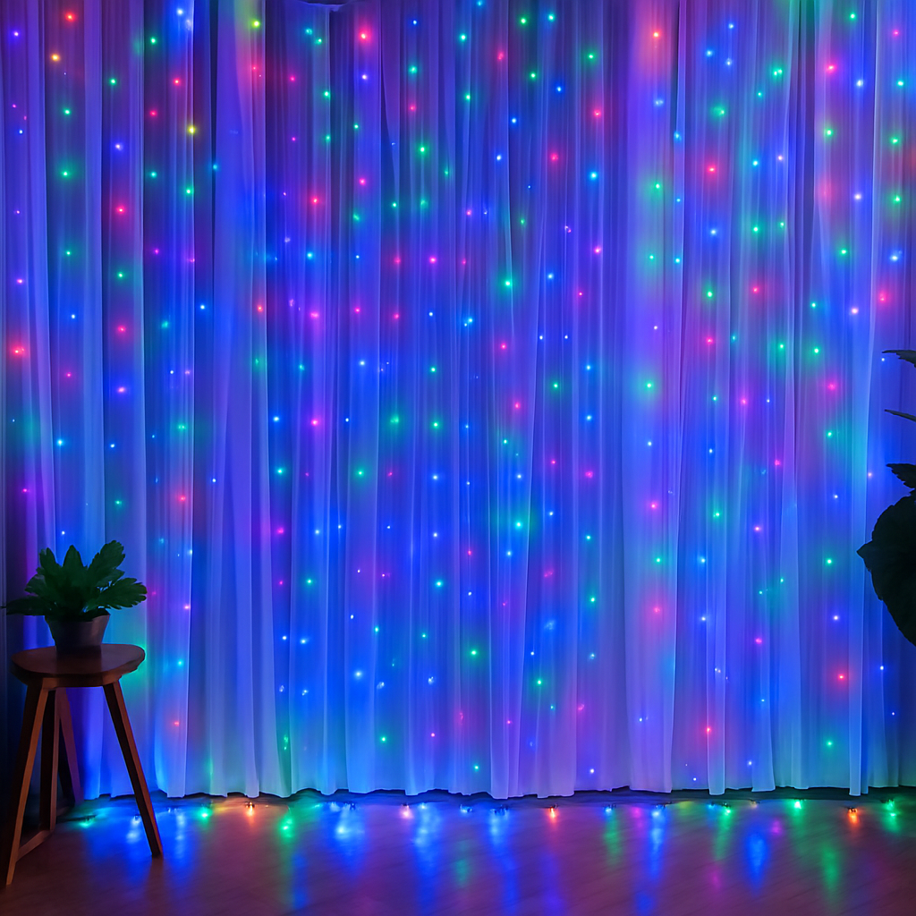 Multicolored LED curtain with a plant and stool in front