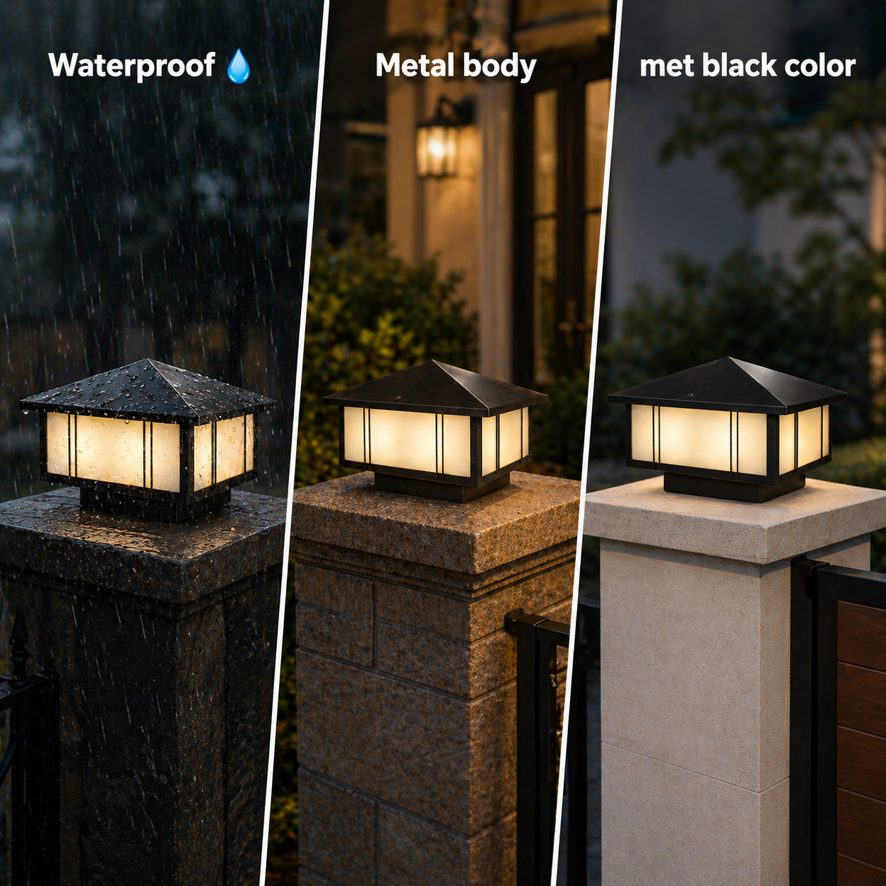 Outdoor light fixture on a post with rain, metal body, and black color highlighted.