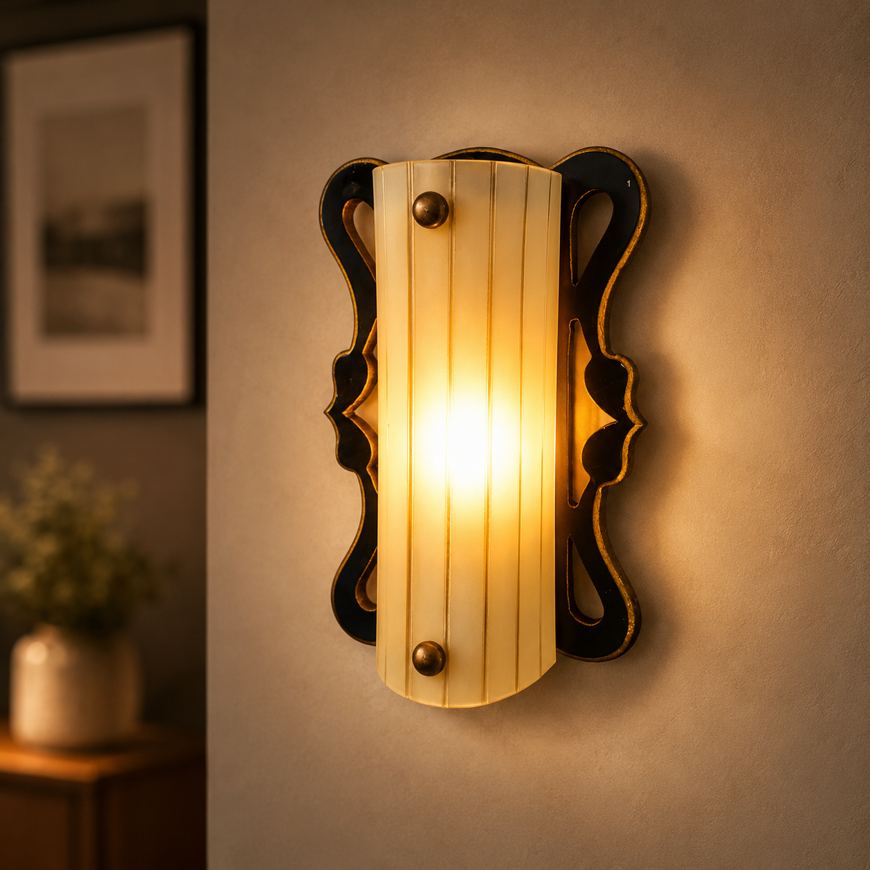 Decorative wall sconce with warm glow on a neutral wall.