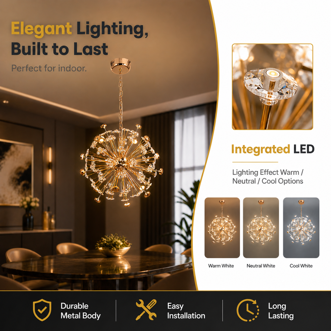 Chandelier with integrated LED lighting options in a room setting.