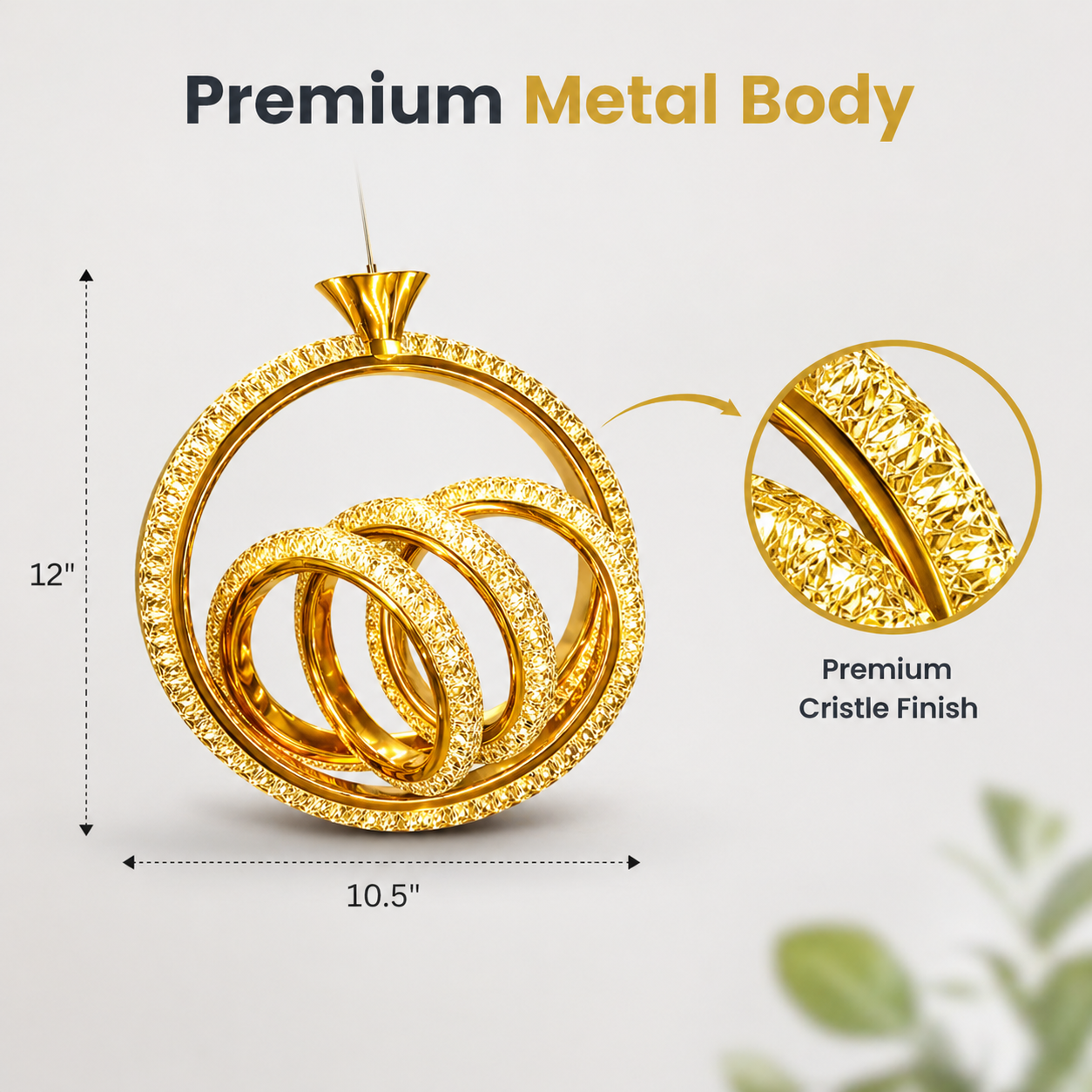 Gold bracelet with detailed design, measurements, and 'Premium Metal Body' text on a light gray background.
