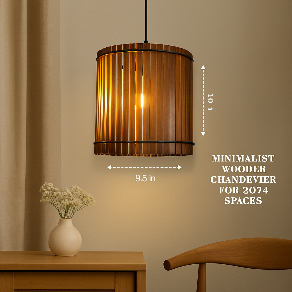 Rustic wooden ceiling light glowing warmly in modern interior