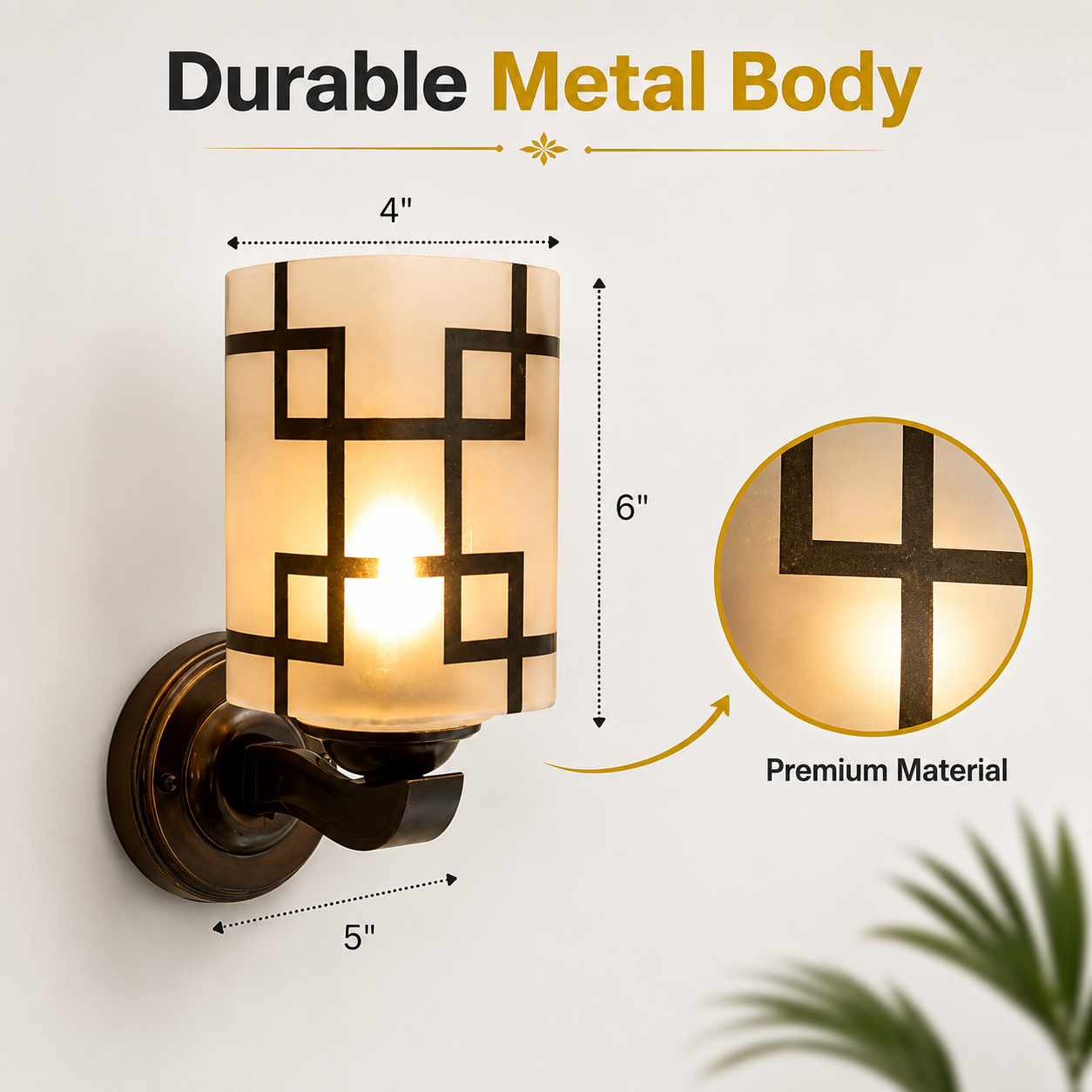 Wall-mounted light fixture with dimensions and material details on a white background