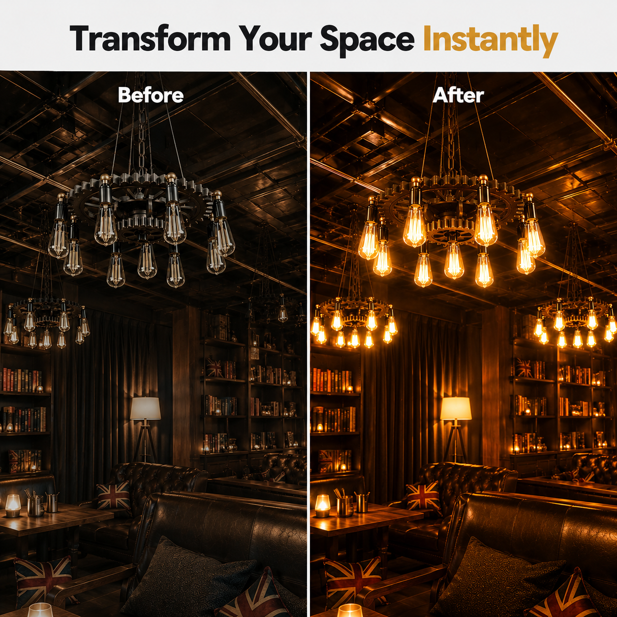 Before and after comparison of a room with a chandelier transformation.