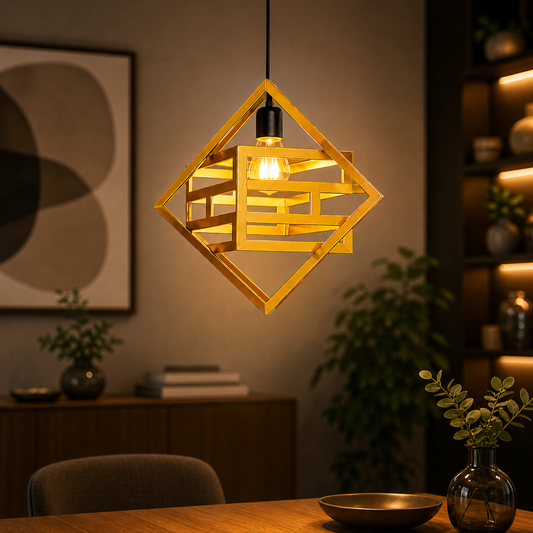 Modern gold pendant light hanging in stylish dining room interior