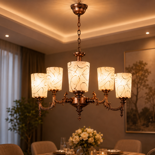 Chandelier with glass shades in a dining room setting