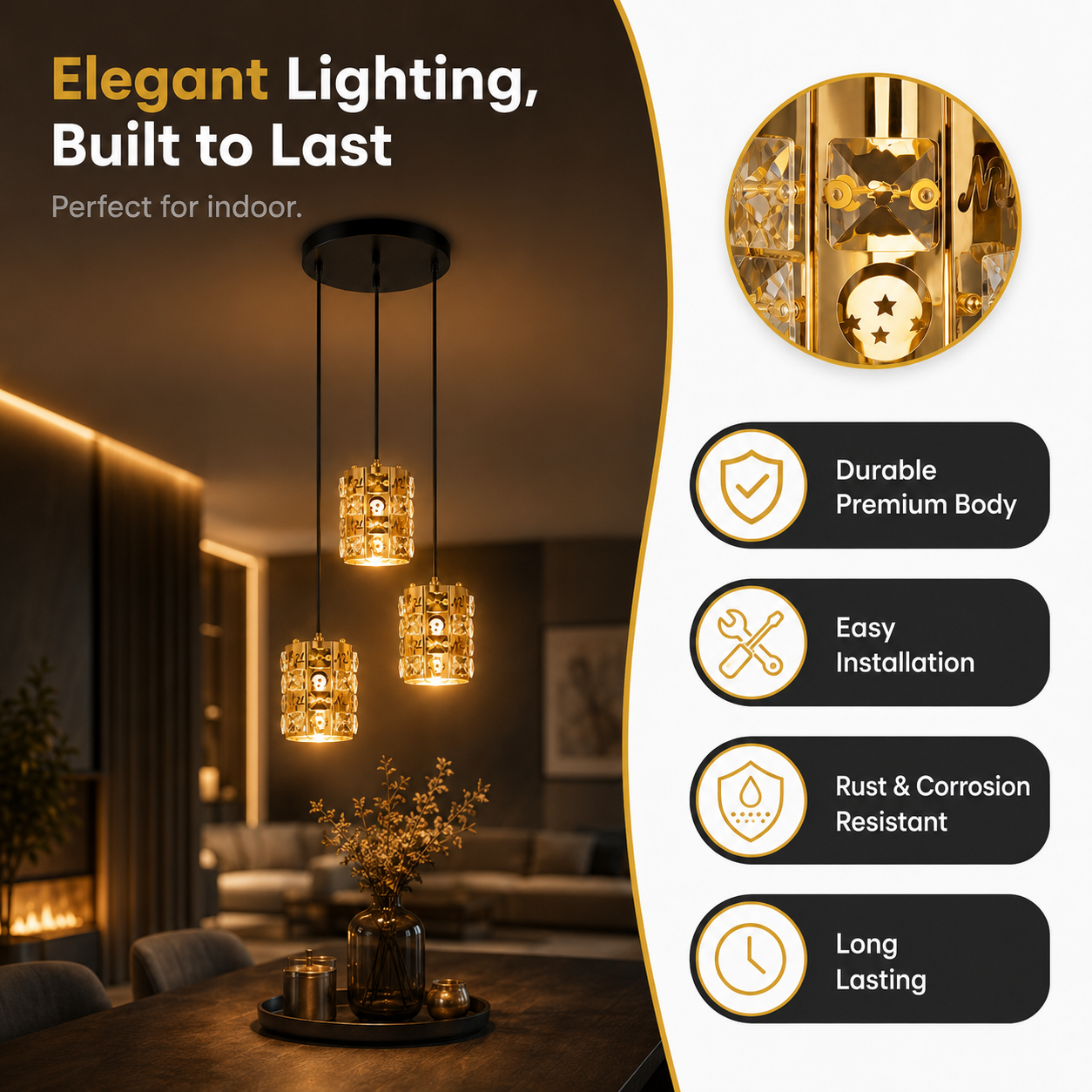 Elegant lighting fixture with features listed on a white background