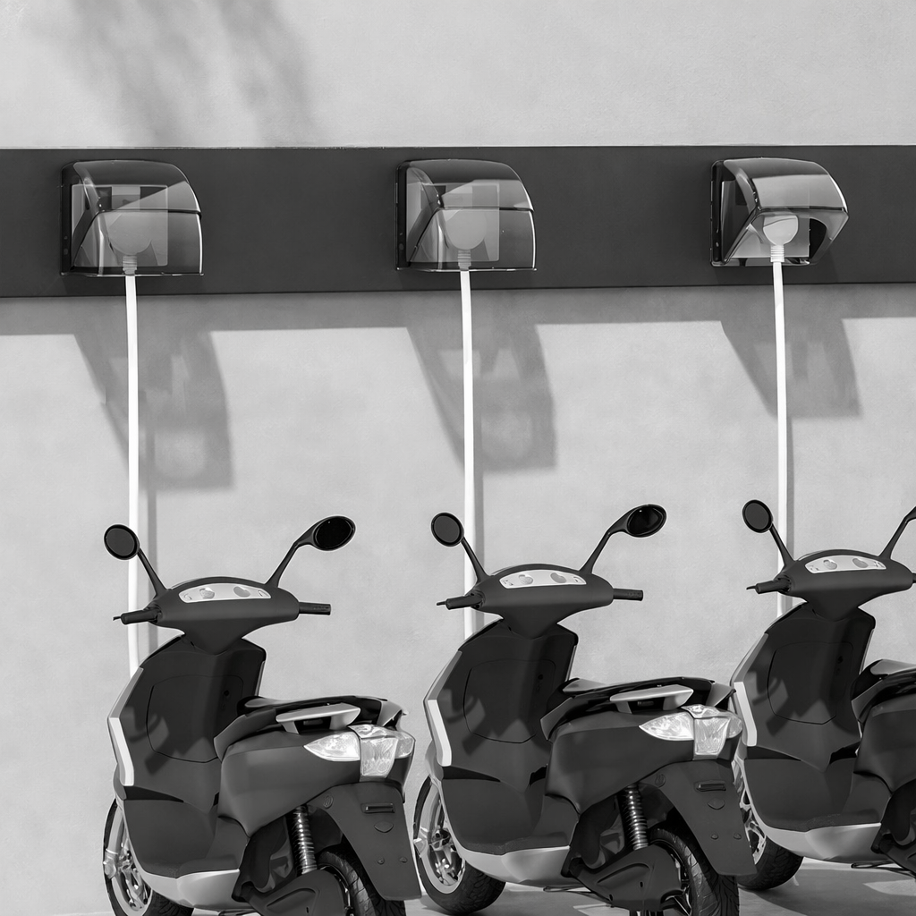Three scooters parked under a charging station with three charging heads.