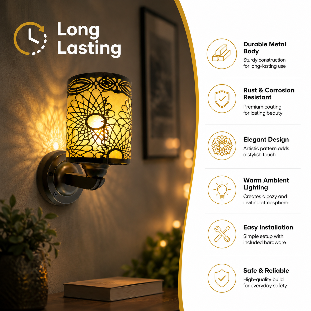 Wall-mounted decorative lamp with warm ambient lighting, surrounded by plants and a book.
