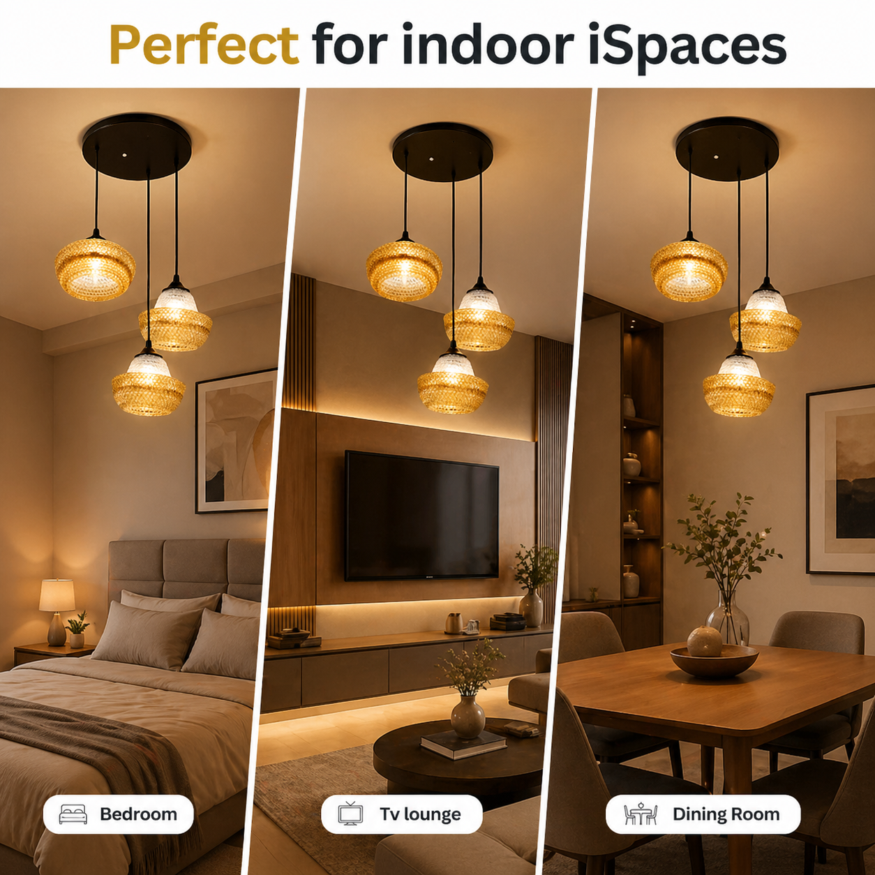 Three room settings with pendant lights labeled 'Bedroom', 'TV lounge', and 'Dining Room'.