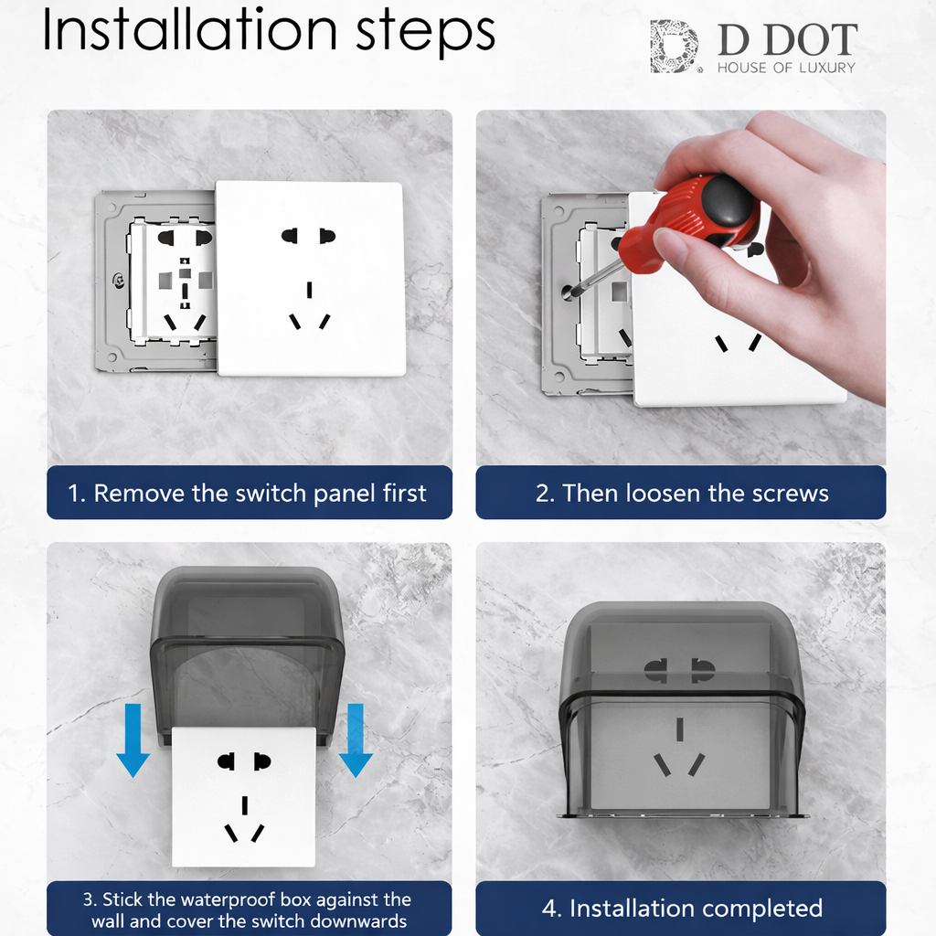 Step-by-step installation guide for a switch panel with D DOT branding.