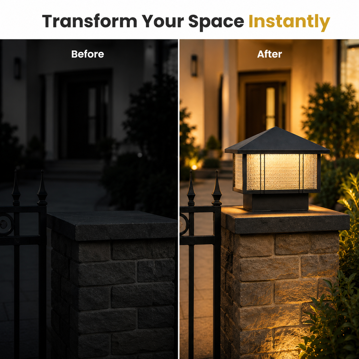 Before and after comparison of a garden light fixture on a stone pillar.