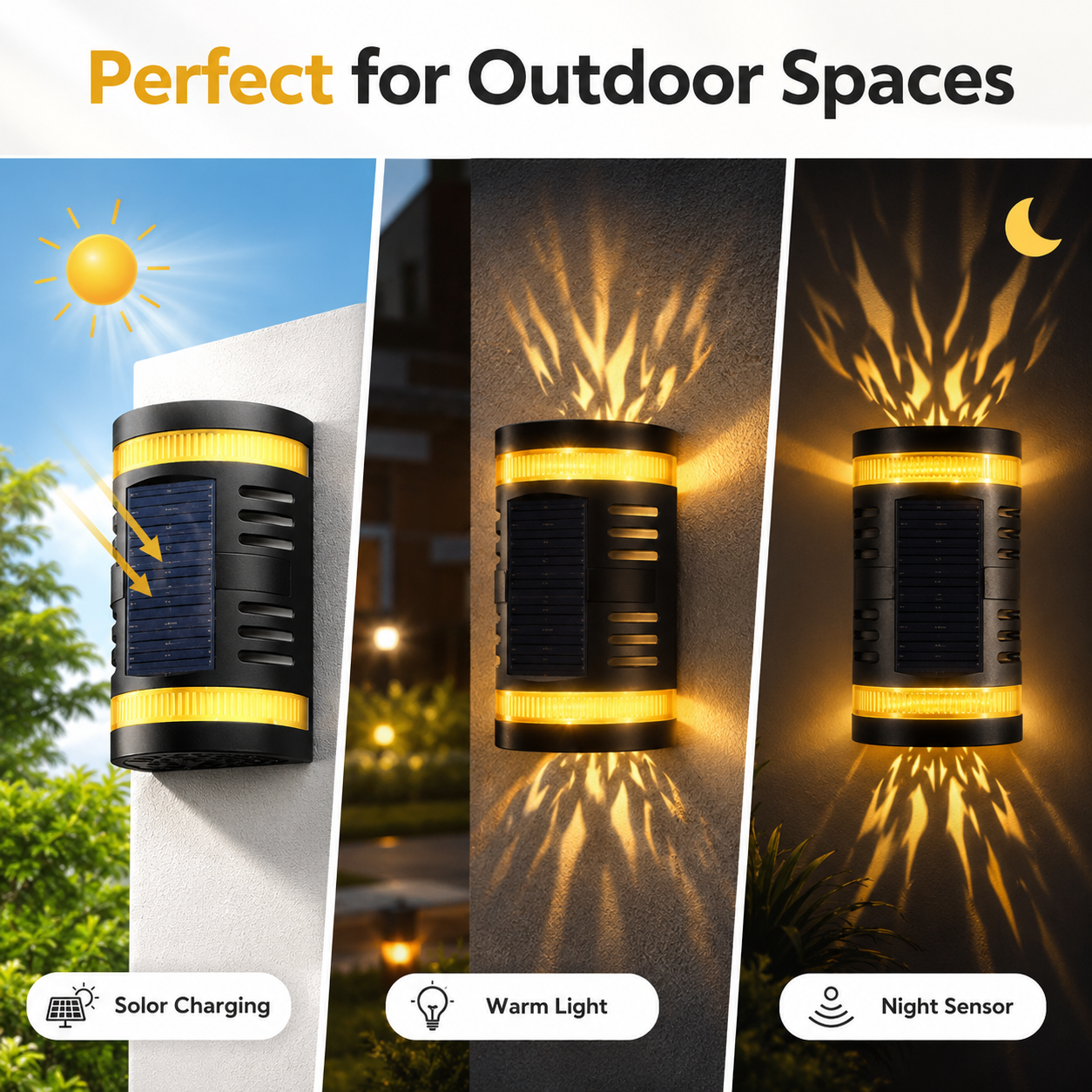 Solar outdoor wall lights with sun, night, and dusk views on a clear sky background.