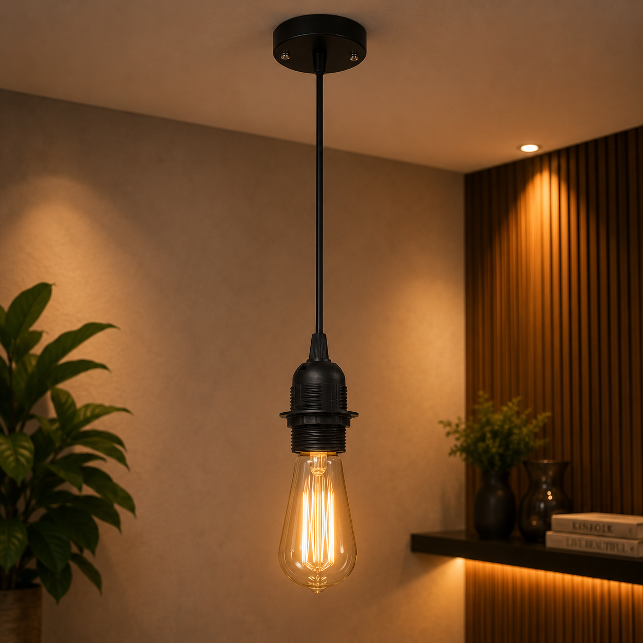 Modern E27 Pendant Light Holder with Metal Base & Adjustable Cord