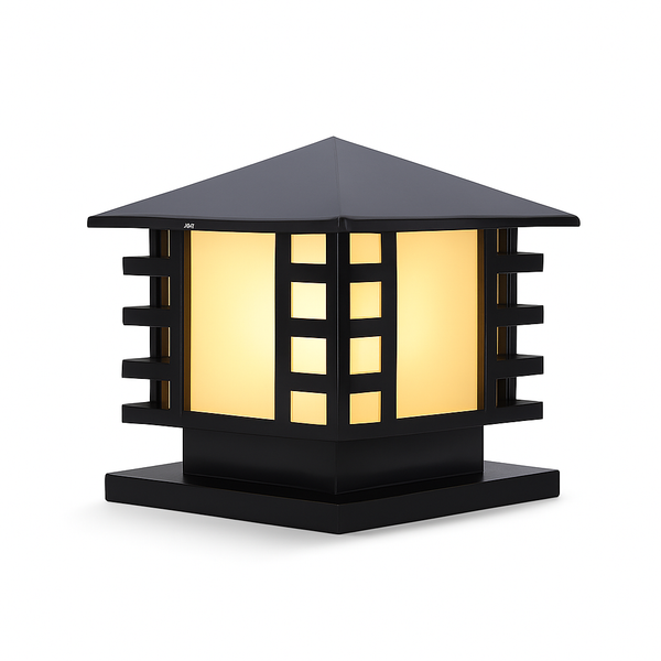 Black outdoor lamp with a geometric design on a white background