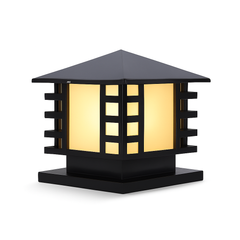 Black outdoor lamp with a geometric design on a white background