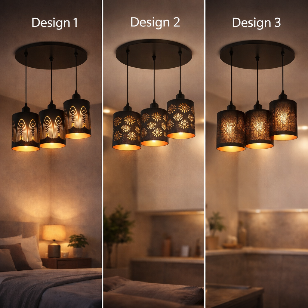 Three different designs of pendant lights in a bedroom setting.