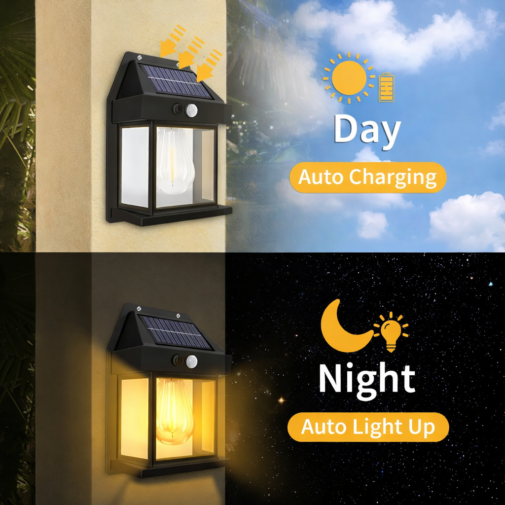 Solar-powered outdoor light with day and night functionality on a scenic background