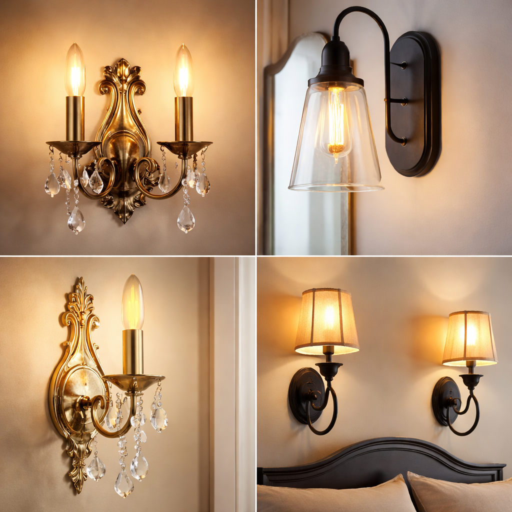 Collage of various wall sconces with different designs and styles.