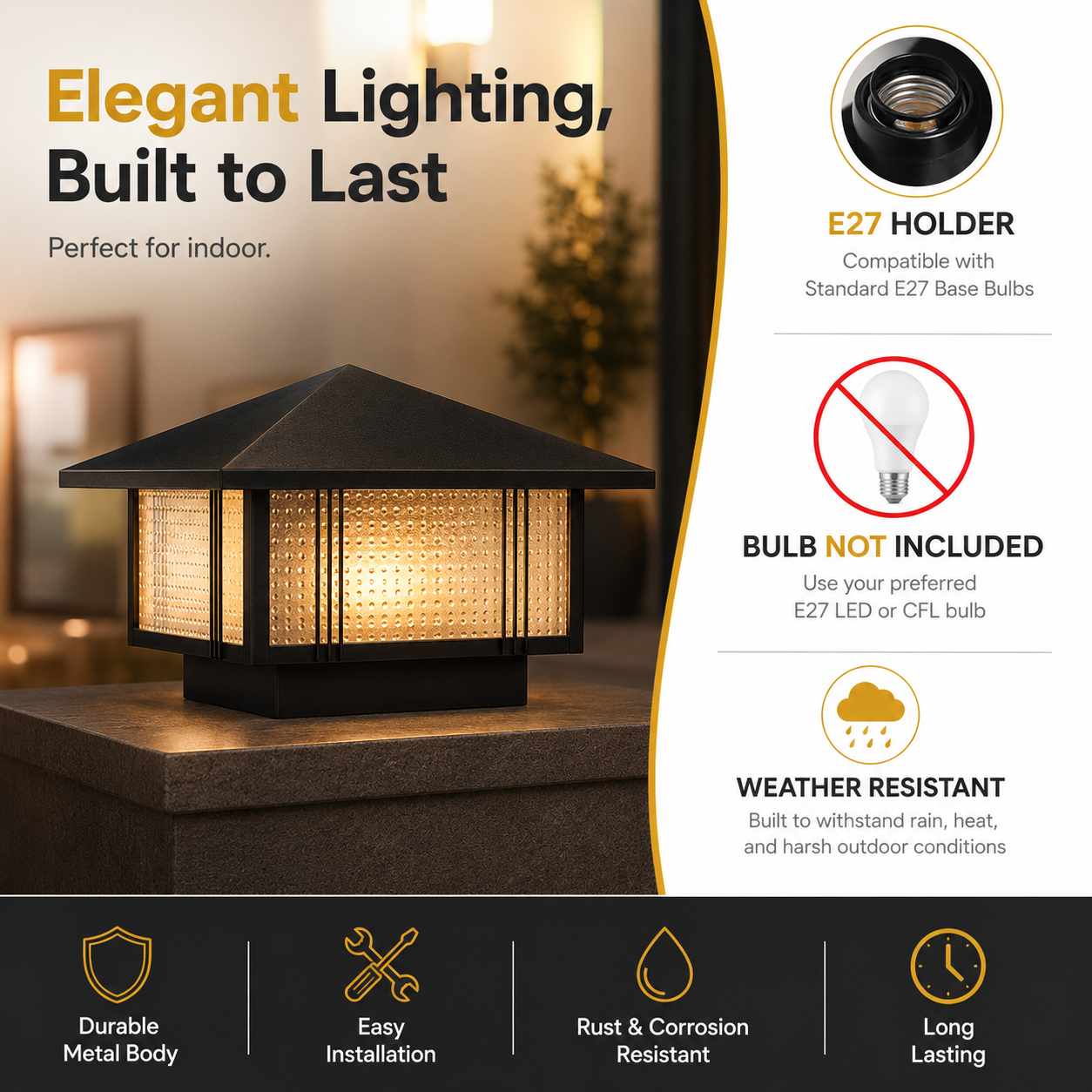 Outdoor light fixture with features listed on a white background