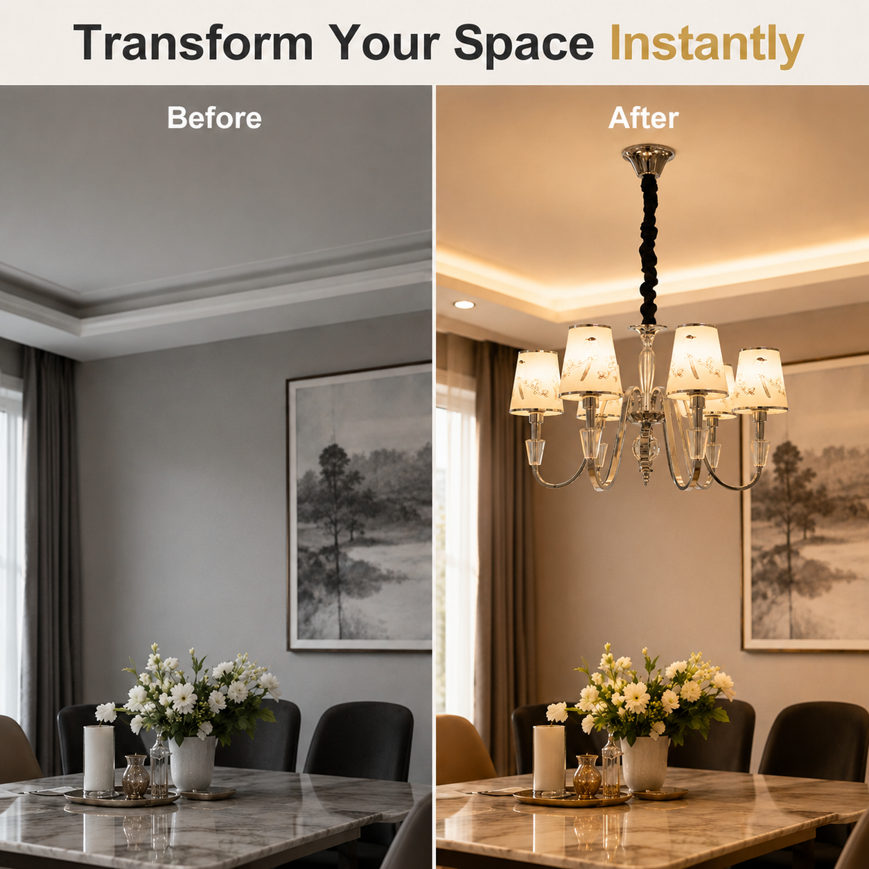 Before and after comparison of a dining room with a chandelier installation.