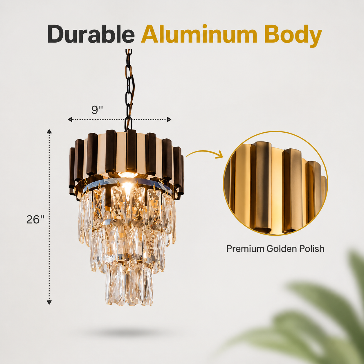 Chandelier with durable aluminum body and premium golden polish, showing dimensions and close-up of finish.