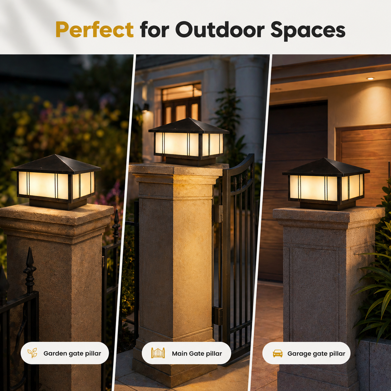 Outdoor lighting fixtures on pillars with text 'Perfect for Outdoor Spaces'.