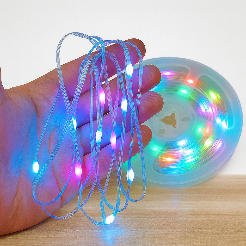 Multicolored LED strip light held in a hand with a wooden surface and white background