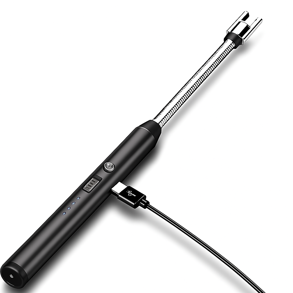 Electric gas lighter igniting blue flame on a kitchen stove