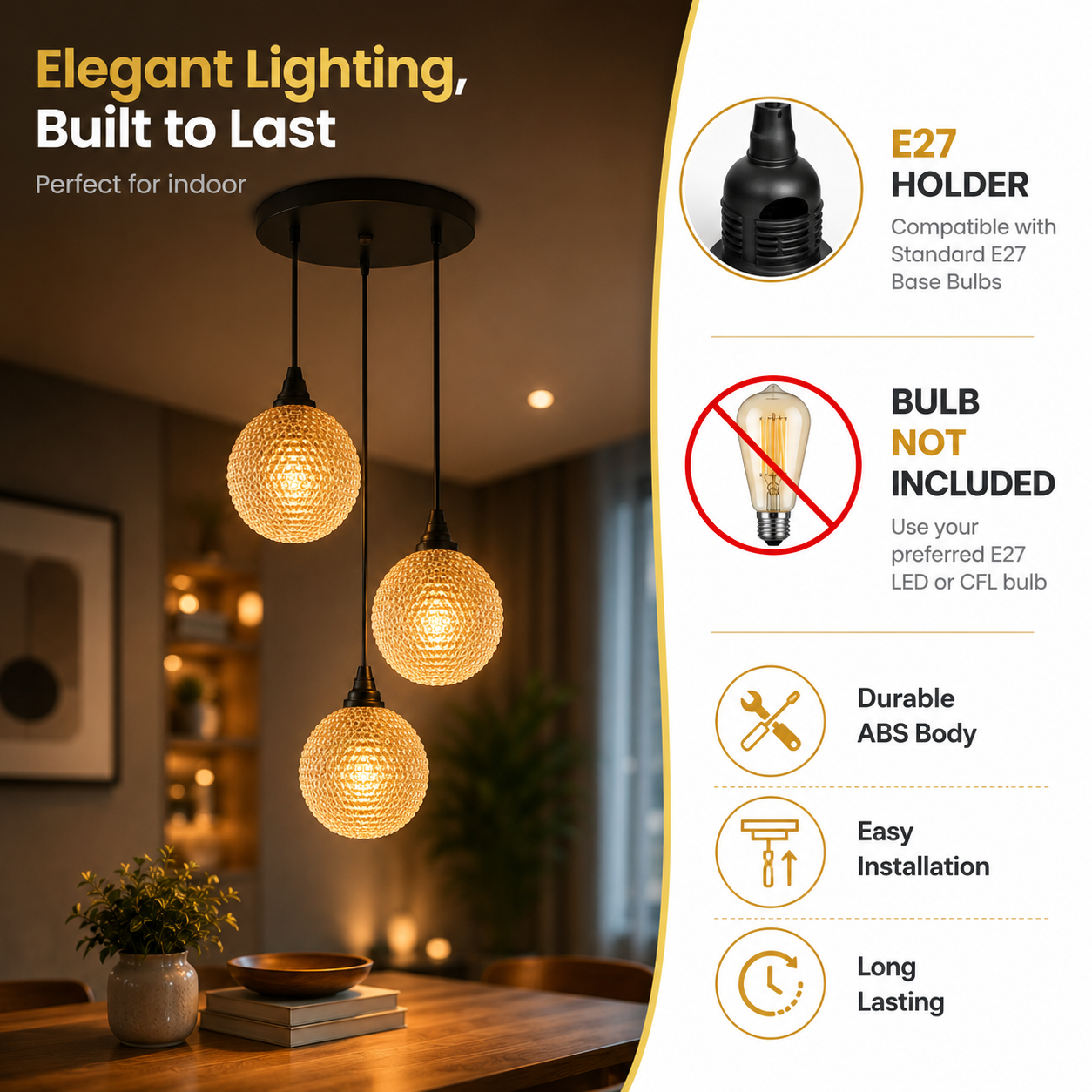 Elegant lighting fixture with bulb holder and installation details on a blurred indoor background