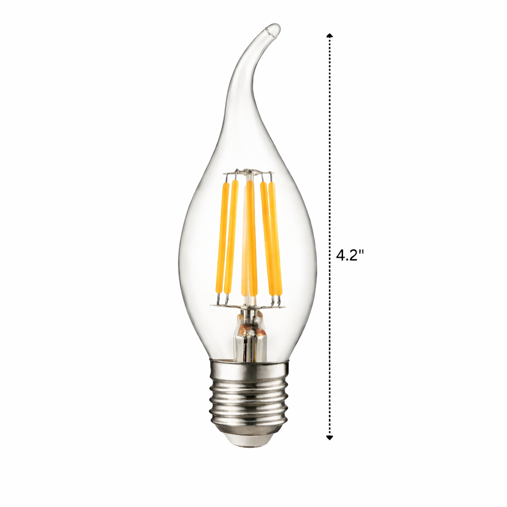 Clear LED light bulb with dimensions indicated on a white background