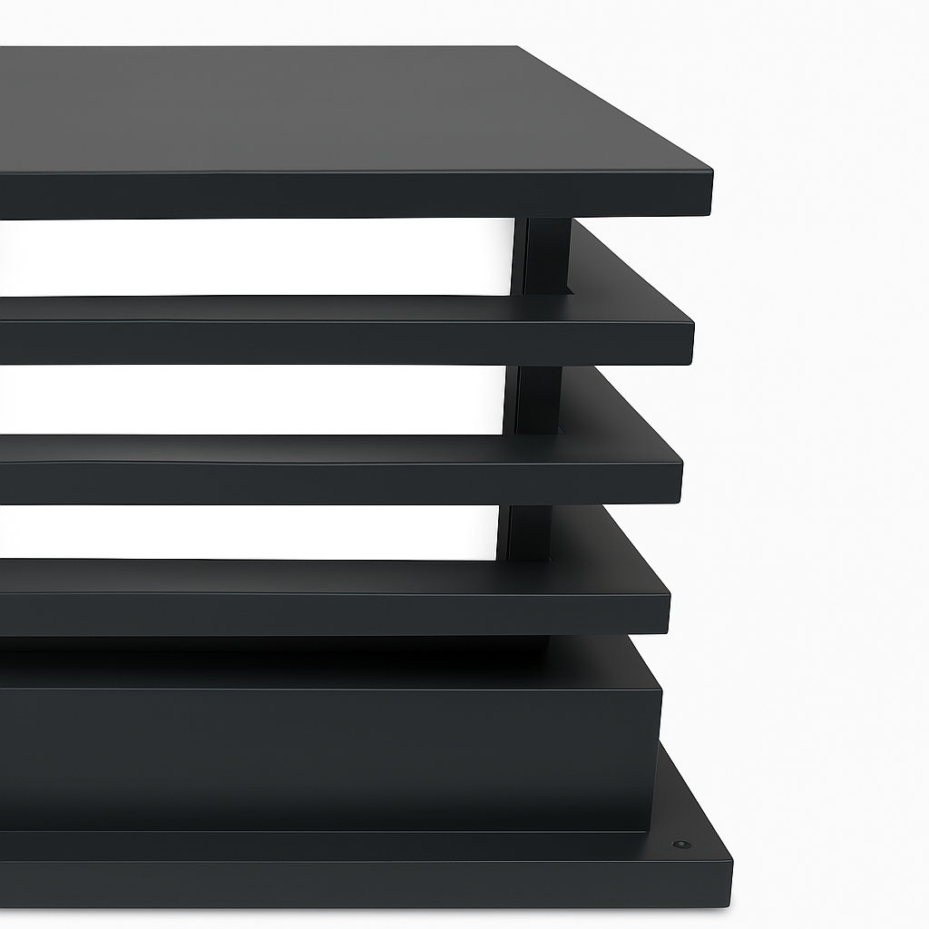 Black metal shelf with horizontal slats on a white background
