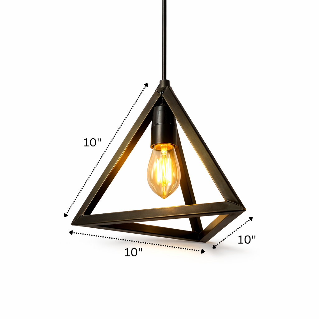 Triangular pendant light with dimensions on a white background