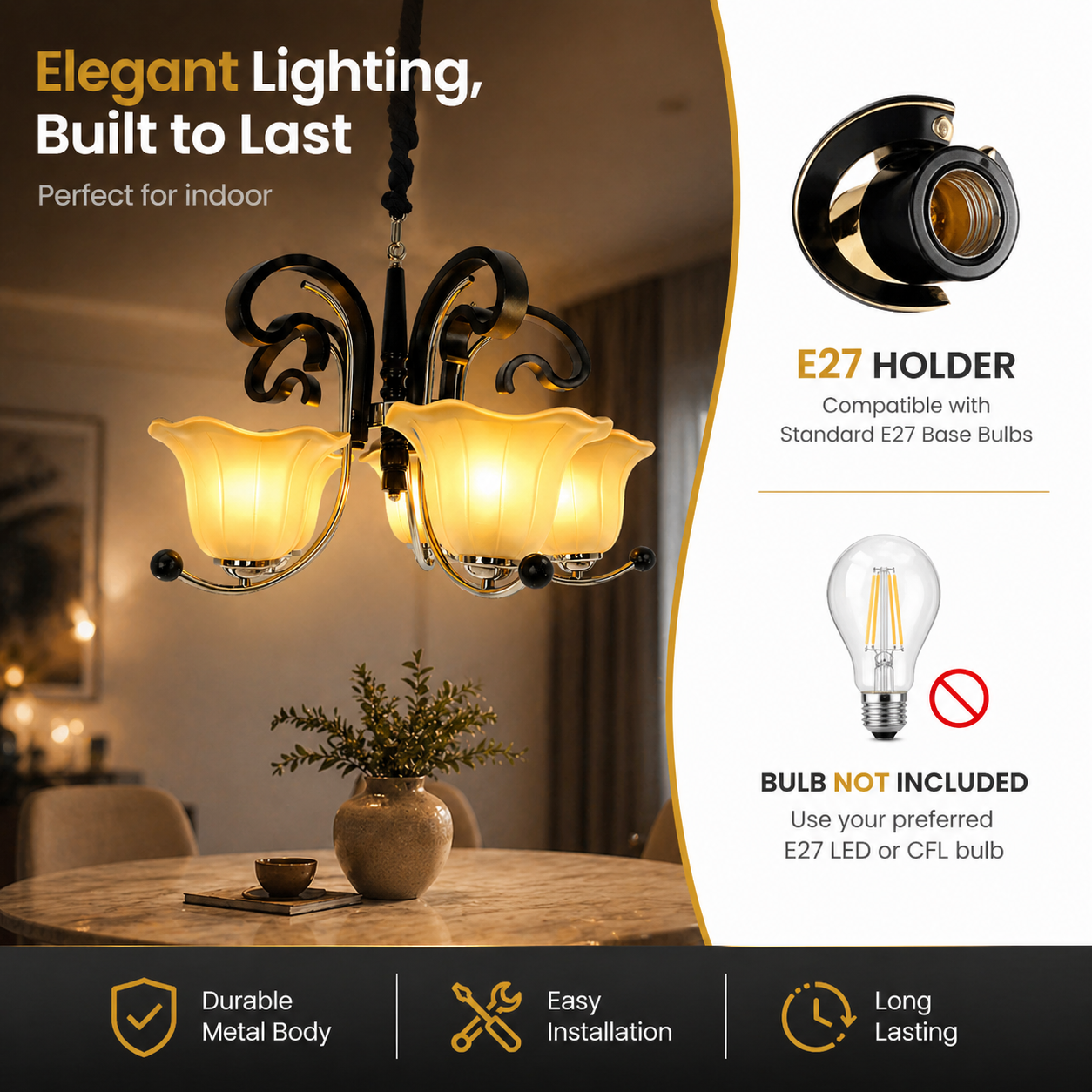 Chandelier with E27 holder and bulb compatibility information on a blurred indoor setting background.