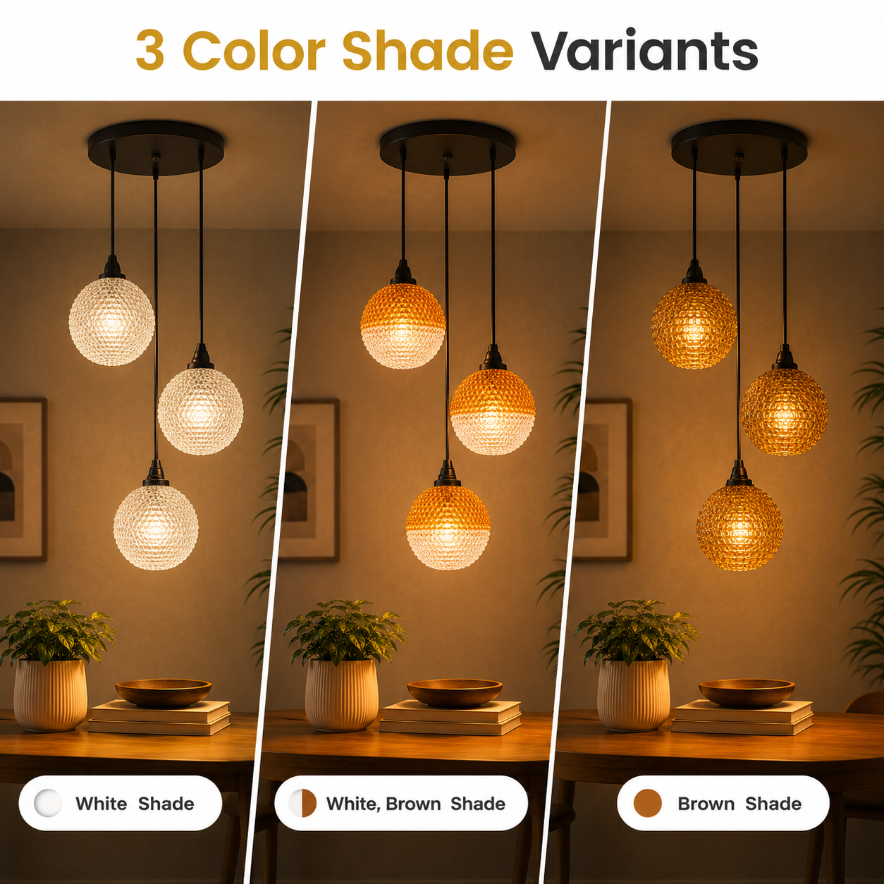 Three pendant lights with different color shades in a room setting.