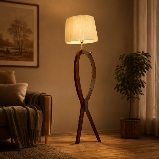 Wooden floor lamp in a cozy living room with a warm ambiance