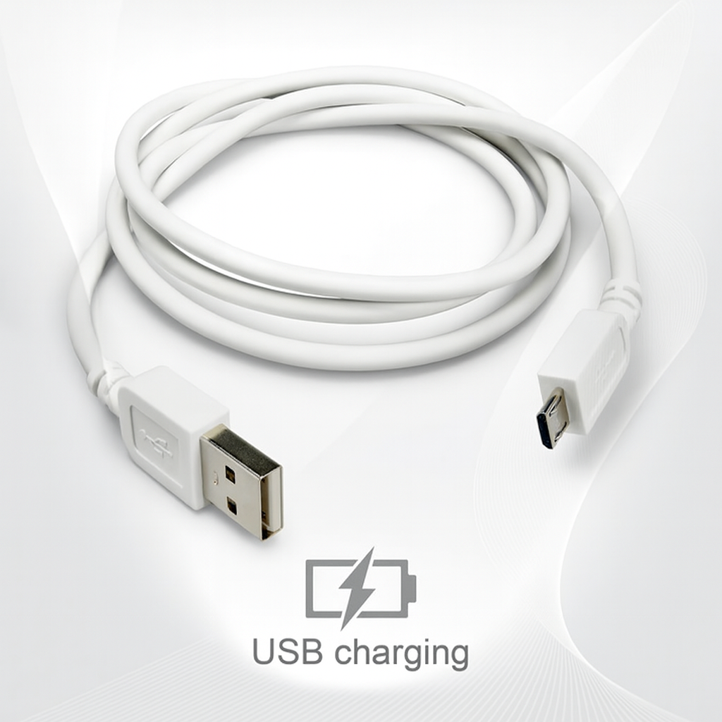 White USB charging cable with Type-A and Micro-B connectors coiled neatly on surface
