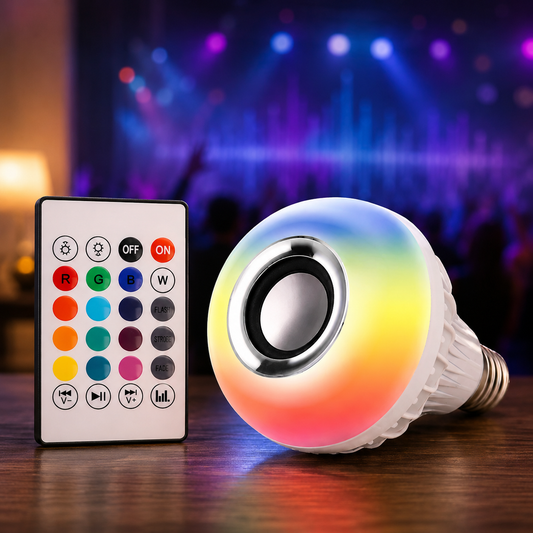 Colorful LED light bulb with remote control on a wooden surface